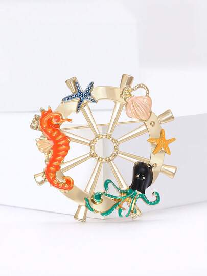 Luxury Enamel Ocean Animal Ship's Wheel Brooches - Creative Pins For Women Unisex Casual Party Jewelry Accessories / Friends Gifts Badges Decoration