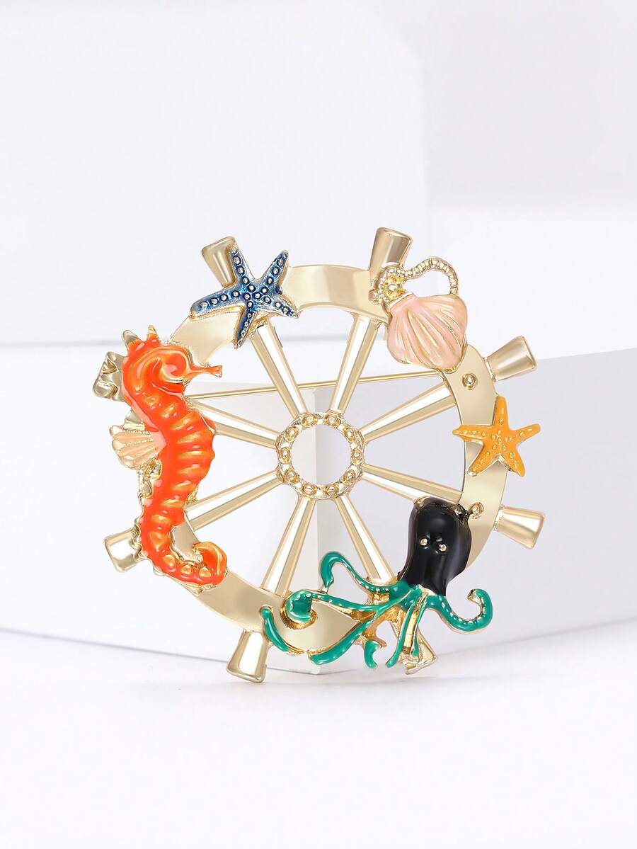 Luxury Enamel Ocean Animal Ship's Wheel Brooches - Creative Pins For Women Unisex Casual Party Jewelry Accessories / Friends Gifts Badges Decoration - Rudder - View 1
