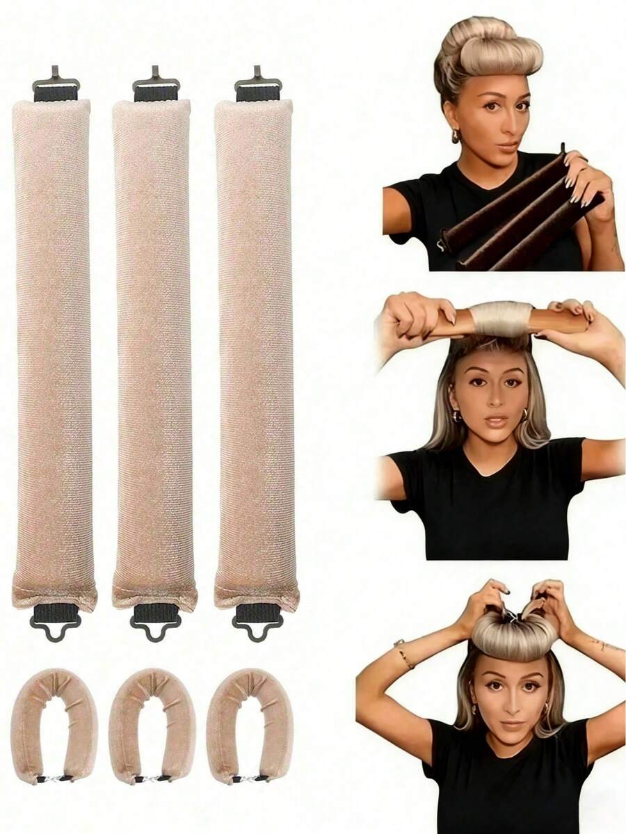 三件套女士免加热卷发器套装，缎面材质，包含卷发棒、头带式卷发器和电卷发器，内置柔韧金属丝，睡眠时也可使用，高回弹橡胶填充，柔软耐用，适合普通发质，打造慵懒卷发造型，欧美简约大波浪睡眠卷发器