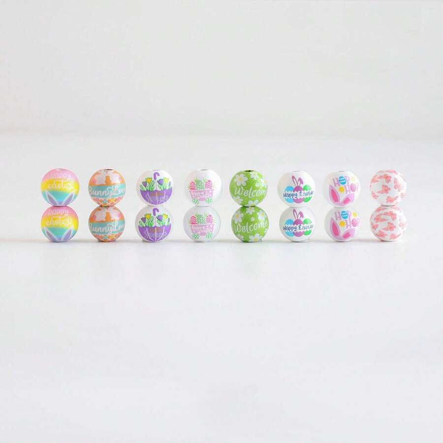 Easter Bunny Egg Wooden Beads Spring Colorful Garland Printed Round Beads DIY 2026 - Hoa đơn màu xanh lá cây, đường kính 16mm - Xem 1