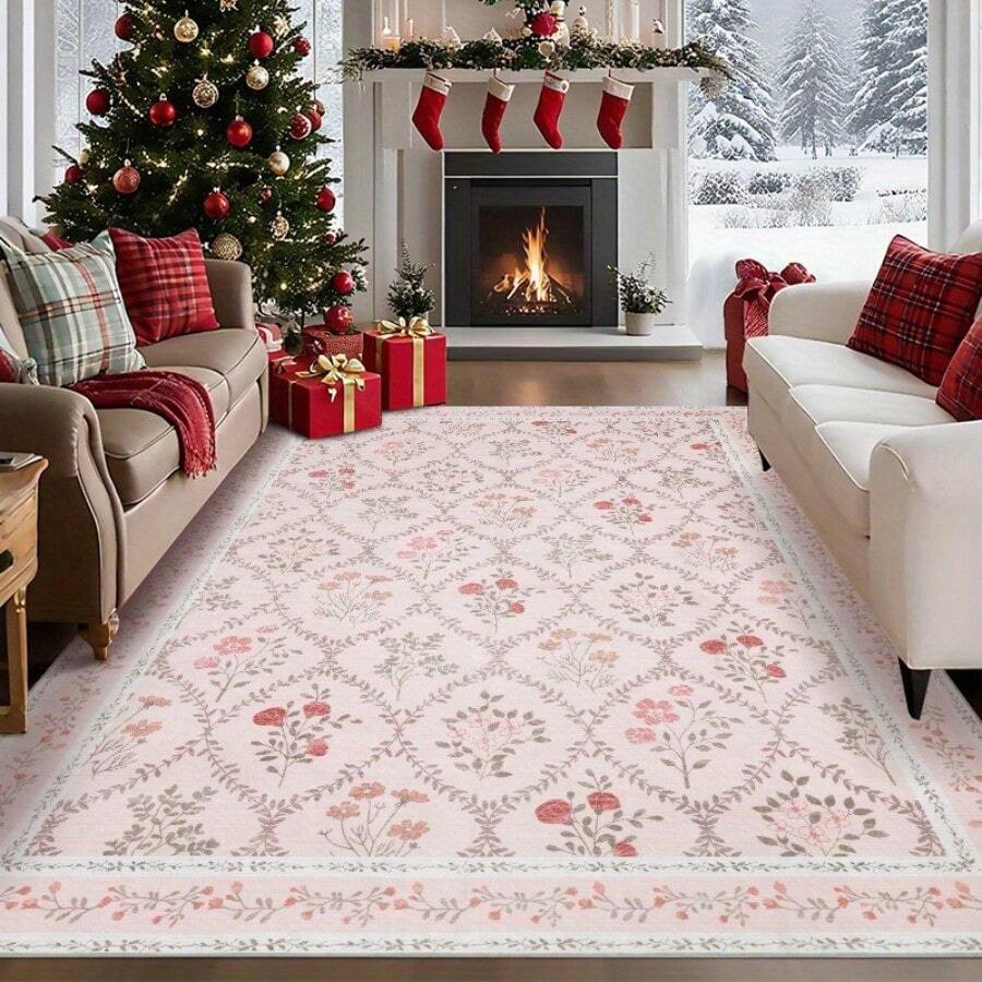 YIHOUSE Floral Print Rug, Moroccan Plaid Washable Rug, Modern Pale Color Non-Slip Fine Rug For Classrooms, Game Rooms, Dormitories, Bedrooms, Living Rooms, Multi-Color Decorative Rugs (Beige/ Green/ Pink) - 粉色 - 查看 1