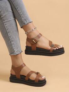 女士平底凉鞋，新款夏季厚底黑色凉鞋，罗马风格凉鞋，防滑百搭时尚休闲沙滩凉鞋 - 棕色 - 查看 6