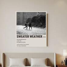Enmarcado Póster en lienzo de escena urbana lluviosa de la vecindad "Sweater Weather" plano 2D, 1 pieza, 12.0X18.0 pulgadas,  monocromático con una silueta de pareja romántica, decoración de paisaje urbano  de calidad para sala de estar, dormitorio - Enmarcado - Ver 4