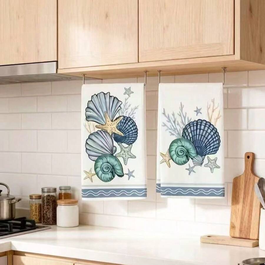 Bộ 2 khăn trang trí hình vỏ sò, dùng cho phòng tắm và nhà bếp, kích thước: 40 x 60 cm. - Nhiều màu - Xem 1