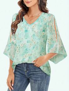 Blusa holgada con volantes, cuello en V, doble capa de malla, con cinturón y mangas 3/4 para primavera - verde menta - Ver 2