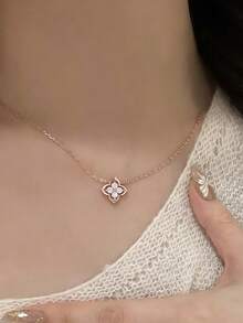 Shescity 1件装时尚优雅立方氧化锆花朵吊坠项链（女士款） - 金黃色 - 查看 4