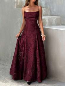 Women's & Elegant Summer Dress With Drawstring Waist And Backless Design, Made Of Jacquard Fabric, Suitable Vacation, Beach, Date, Back To School, Wedding, Party And Other Occasions - 酒紅色 - 查看 8