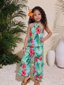 BASUSARRI Girls' Pleated Camisole Top And Wide Leg Pants Set, Bohemian Style Beach Holiday Casual Versatile Summer Party Outfit - Green - View 2