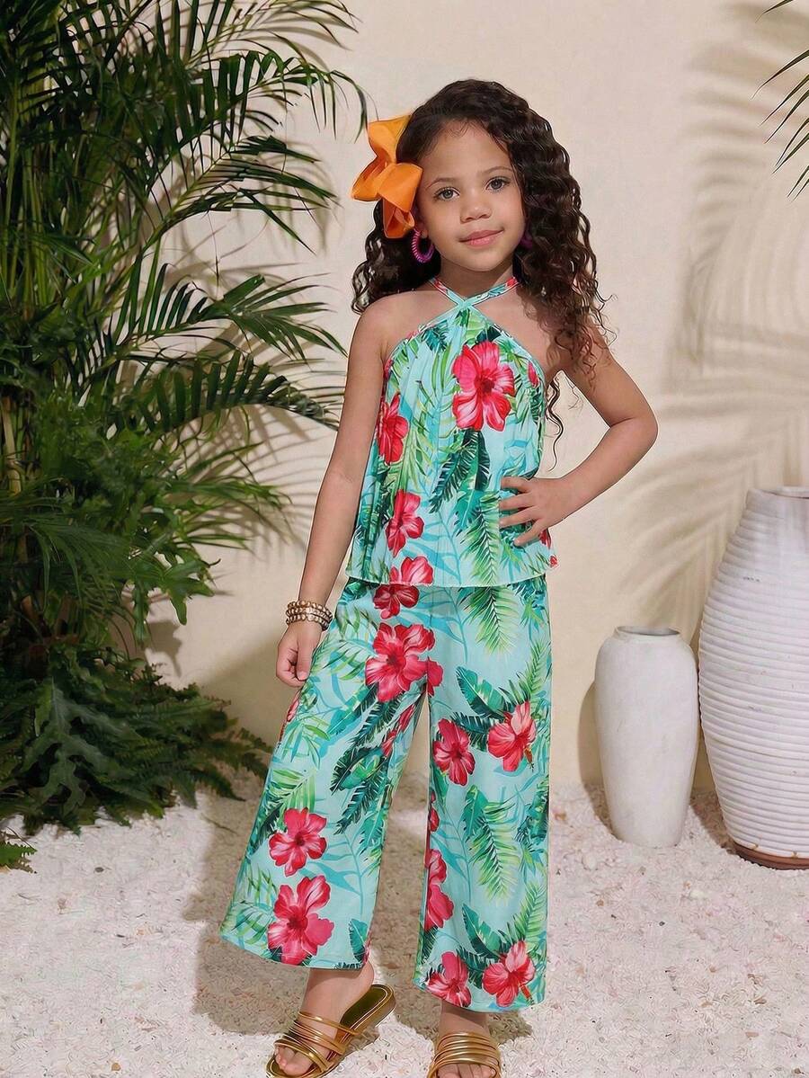 BASUSARRI Girls' Pleated Camisole Top And Wide Leg Pants Set, Bohemian Style Beach Holiday Casual Versatile Summer Party Outfit