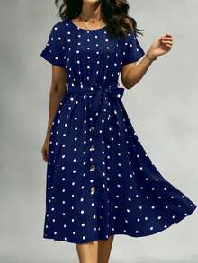 Women's Retro Polka Dot Short Sleeve Midi Dress, Round Neck Waist Tie + Button Front Design, Loose Flowy Casual Dress, Suitable For Daily, Vacation, Commute, Spring/Summer - Navy Blue - View 3