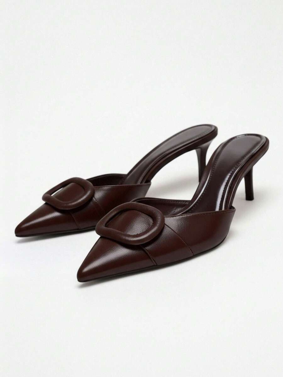 Women's Velvet Effect Embellished Pointed Toe High Heels - Brown - View 1