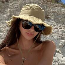Korean Style Frayed Brim Bucket Hat, Suitable For Outdoor, Hiking, Sun Protection In Summer - Rose Red - View 1
