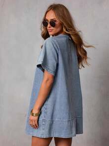 Vestido vaquero de mujer manga corta 2026, moderno, casual y holgado - Azul - Ver 4