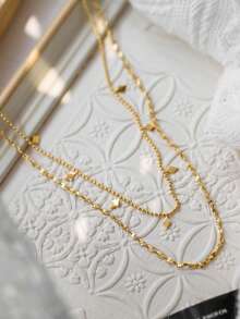 Tkool 1pc Women's Stainless Steel Gold-Tone Double-Layer Multi-Rhombus Tassel Shiny Floral Pendant Necklace (Pendant Quantity Random) - Yellow Gold - View 5