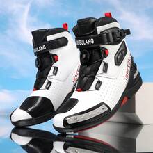 Botas de motocicleta para primavera/verano, con parte superior de cuero sintético de alta, suela de goma con excelente agarre y soporte de tobillo, adecuadas para entusiastas del todoterreno y la pista de carreras, zapatos de motocicleta unisex, botas de caña alta - Blanco - Ver 1