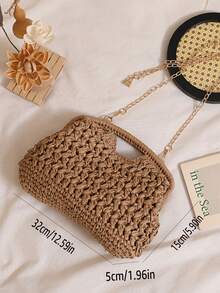 Bolso de paja tejido con diseño de moda, bolso de hombro con cadena estilo artístico de bosque de moda de nicho para mujer, bolso bandolera versátil y casual, adecuado para salidas, citas, compras, regalos, ir al trabajo y otras ocasiones. - Café - Ver 5