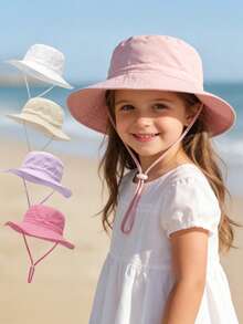 1pc Kids' Sun Protection Hat With Wind Cord, Minimalist Solid Color Or Cartoon Print Design, Lightweight Breathable Bucket Hat, Suitable For Beach And Daily Outings - 1PC - Girl - View 2