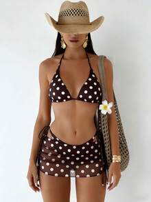 Bộ đồ bơi mới kiểu dáng tam giác xẻ ngực, váy ren, bikini ba mảnh in chấm bi, gợi cảm, thời trang, thích hợp cho kỳ nghỉ hè. - màu nâu - Xem 4