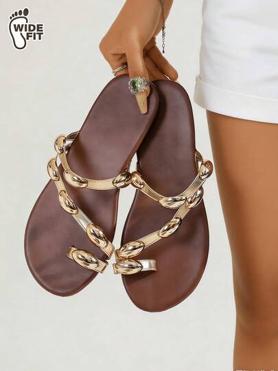 Wide Fit Women's Plus Size Flat Sandals, Gold Color Flat Sandals, Summer Ladies' Flat Sandals With Metal Buckle, Fashion Slip-On Sandals For Party, Beach, Vacation, Outdoor