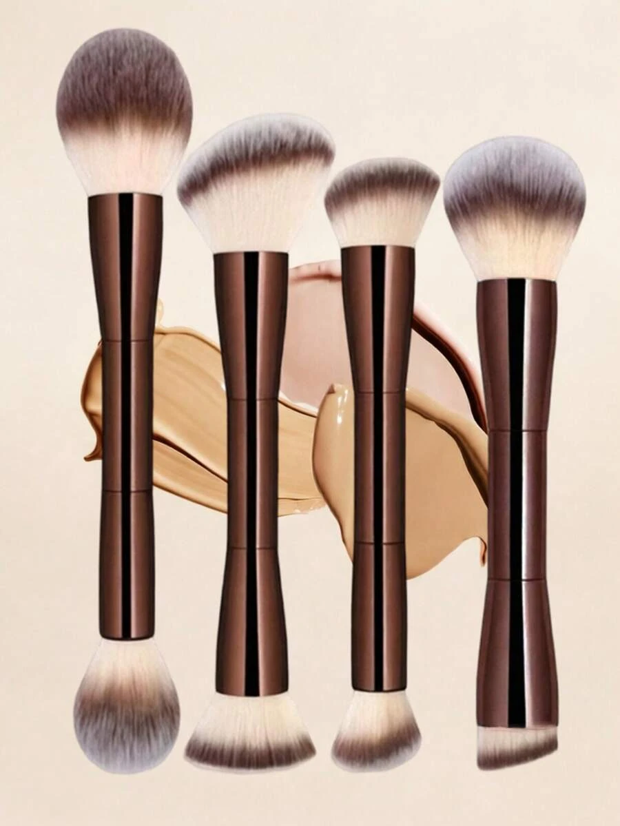 双头化妆刷套装 - 粉底刷、散粉刷、腮红刷和高光刷 - 柔软合成毛，铝制手柄，方便旅行，专业级，适合所有肤质。 - 摩卡棕 - 查看 1