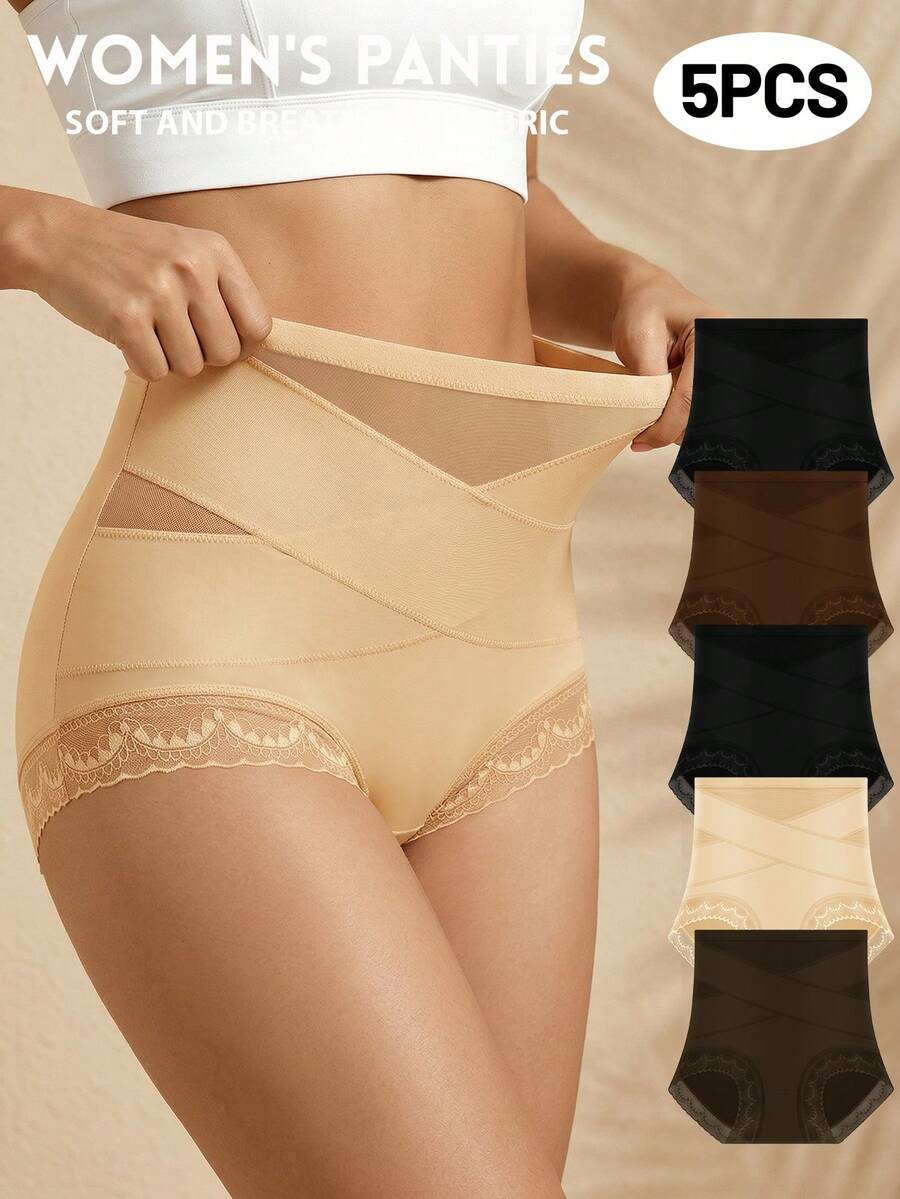 MEIYATING 5 piezas Bragas de malla transpirable con control de abdomen y encaje en la cintura alta, ropa interior moldeadora con cintura cruzada para uso diario en verano - Multicolor - Ver 1