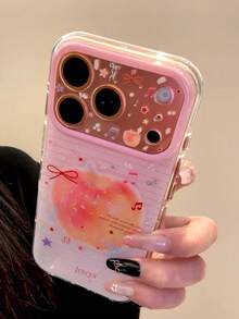 Luxury Shiny Pink Apple Music Symbol Bow Striped Star Pattern Phone Case For IPhone 17 Pro Max 16 15 Pro Max, Cute Girly Anti-Drop Protective Cover - Pink - View 2