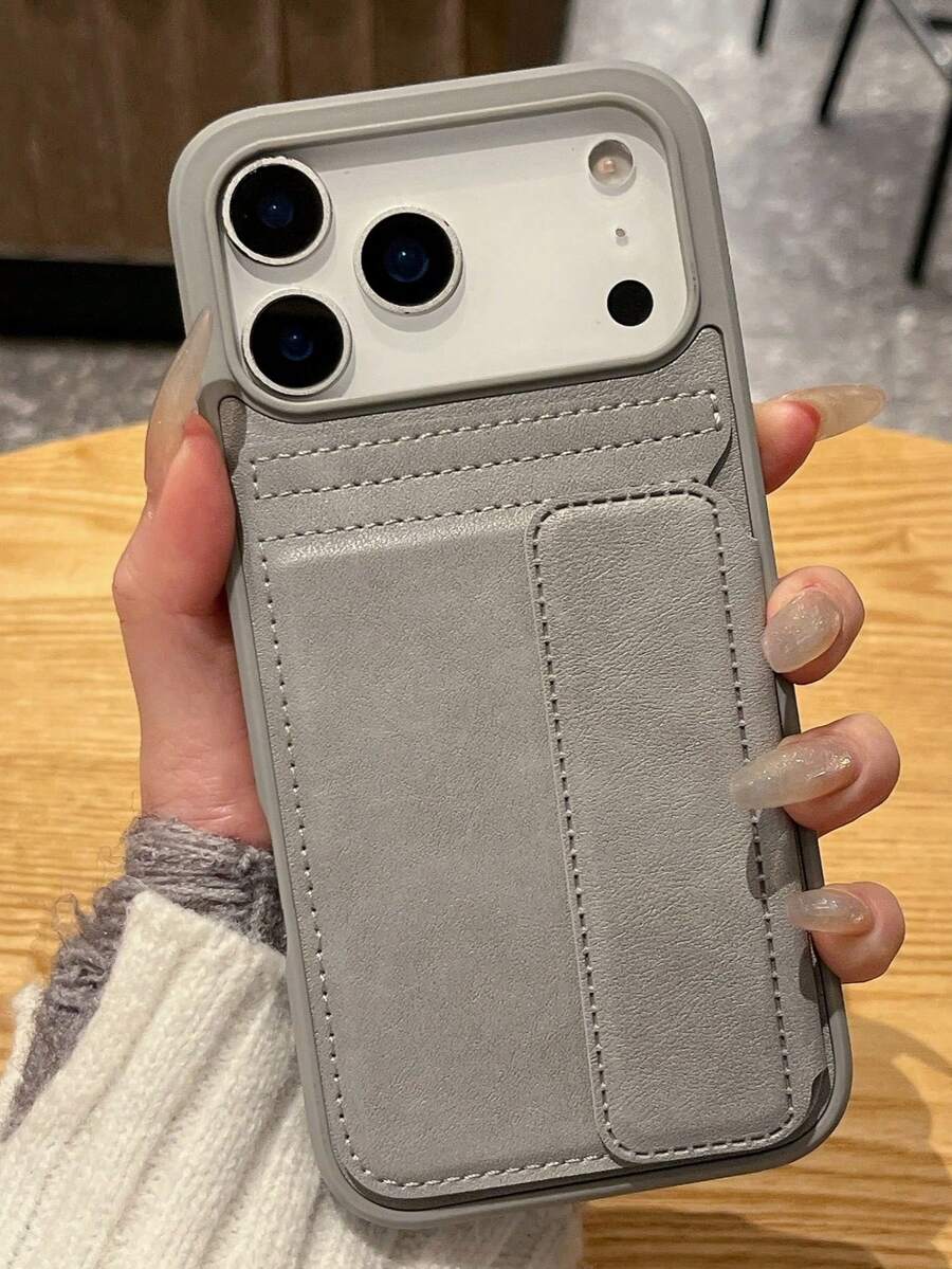 Sleek Leather Card Holder Phone Case For IPhone16, 15, 14, 13, 12, 17, 15 Pro Max, 17 Pro Max, 17 Pro , Large Camera Window Design, Multi-Card Slot Wallet Cover, Shockproof Protective Case With Kickstand, Minimalist Gray Style For Men Women - Grey - View 1