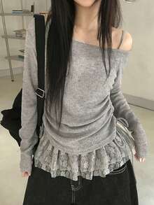 Áo thun dài tay hở vai phối ren ngọt ngào, áo tank top dây rút ôm dáng độc đáo mùa hè, bộ 2 món phong cách thường ngày mùa xuân. - Xám - Xem 3