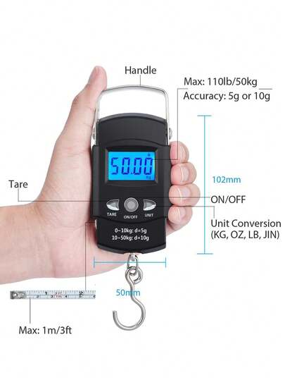  1PC 50KG Large-Range Portable Pocket Scale Hand-Held Scale Digital Electronic Scale Fishing Scale Precise Division Of 10g Simple And Easy To Operate ABS Durable Material High-Strength Hook