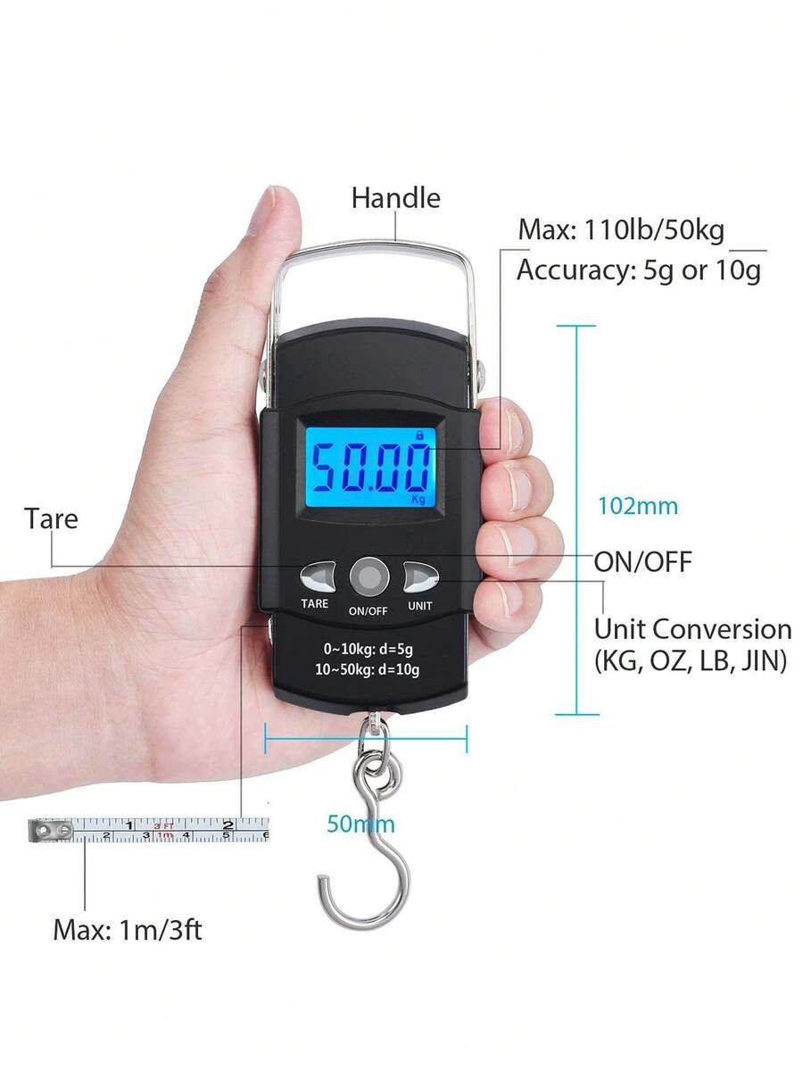 1PC 50KG Large-Range Portable Pocket Scale Hand-Held Scale Digital Electronic Scale Fishing Scale Precise Division Of 10g Simple And Easy To Operate ABS Durable Material High-Strength Hook - Portable electronic scales - View 1