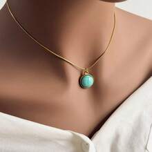 1pc Minimalist Versatile Asymmetrical 3D Malachite Turquoise Necklace, 18K Gold Plated Stainless Steel Choker, Suitable For Women's Daily And Party Wear - Yellow Gold - View 7