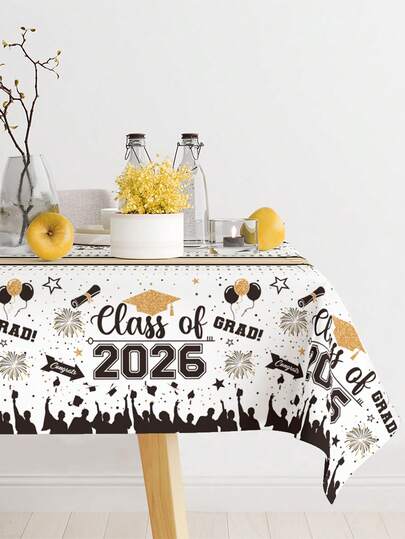 1件毕业主题桌布，2026届毕业典礼装饰，毕业派对装饰，220厘米*130厘米粉色/黑色金色塑料桌布，一次性长方形，适用于家庭、学校、派对用品