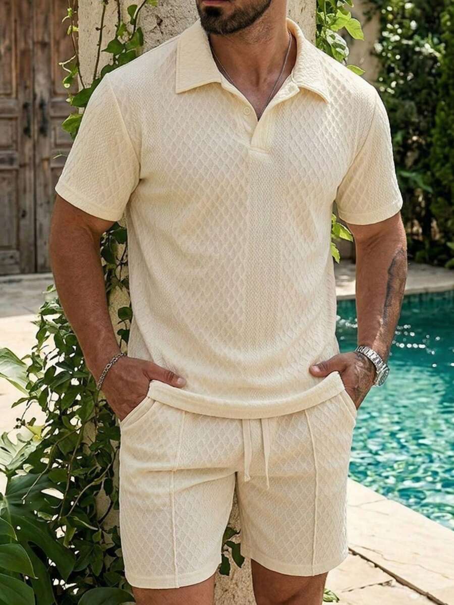 Bộ áo polo và quần short nam mùa hè, màu trơn, đa năng, thoáng khí, họa tiết hình thoi, thích hợp đi làm, ở nhà và thư giãn. - Rượu sâm banh - Xem 1