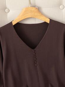 新款纯色深棕色V领休闲短款针织上衣 - 咖啡棕 - 查看 3