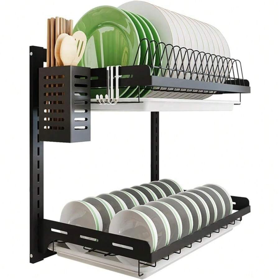 3 Tier Hanging Dish Drying Rack Large Stainless Steel Wall Mount Drainer Kitchen - As Pic - View 1