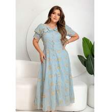 Evangelical Fashion Dress, Midi Skirt, Buttons, Embroidered Detail, Ruffle. - Blue - View 3