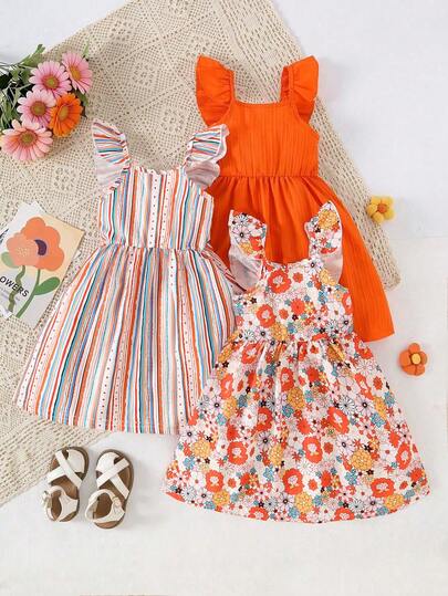 3pcs/Set Girls Floral Pattern + Striped Print + Solid Ribbed Ruffle Cuff Square Collar Dress Set, Suitable For Casual, Outdoor, Beach Holiday, Summer Girls Clothing