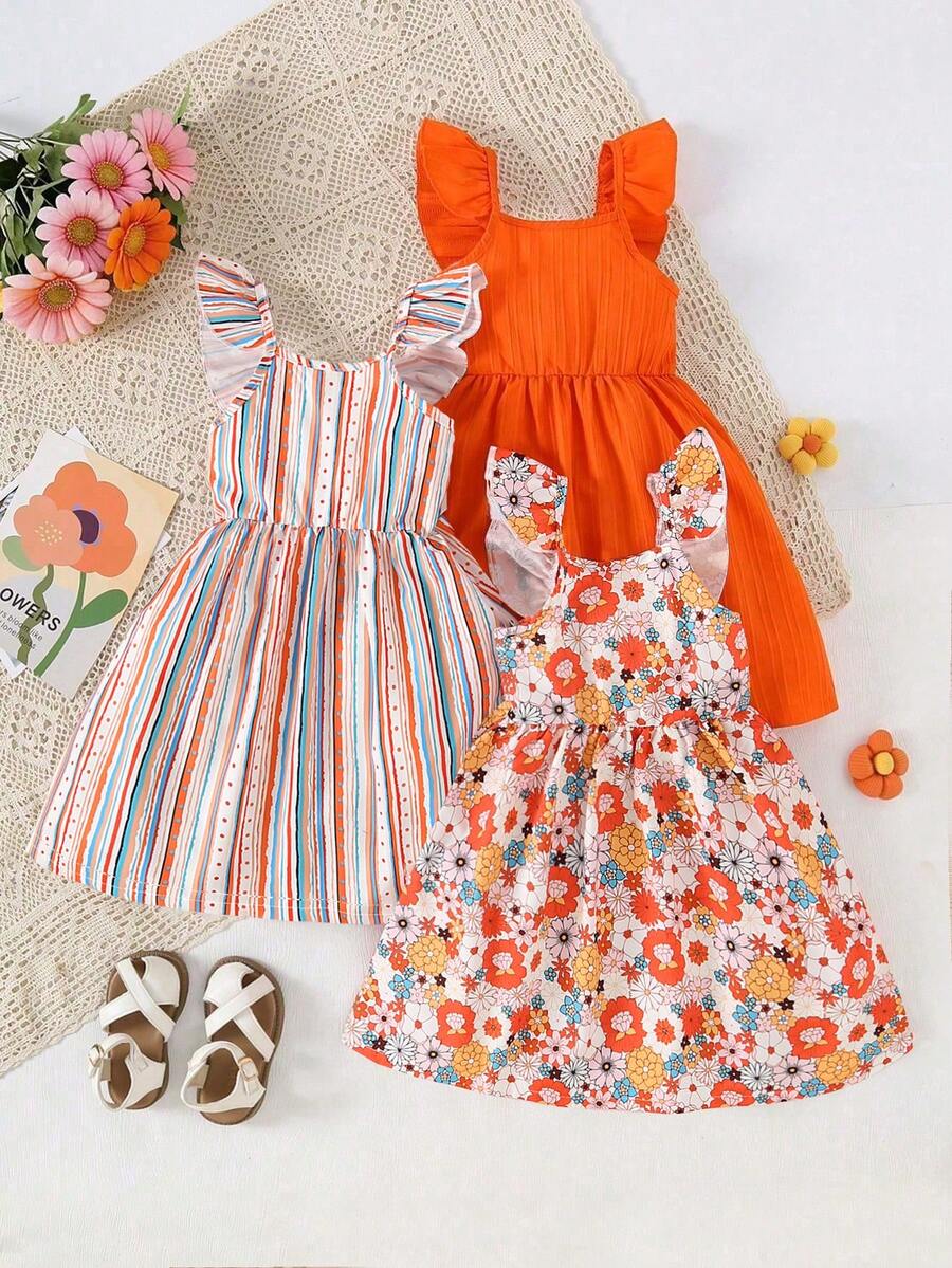 Set de 3 piezas de vestidos para niñas con estampado floral + estampado a rayas + cuello cuadrado y puño acanalado de unicolor, adecuado para uso casual, al aire libre, vacaciones en la playa, ropa de verano para niñas
