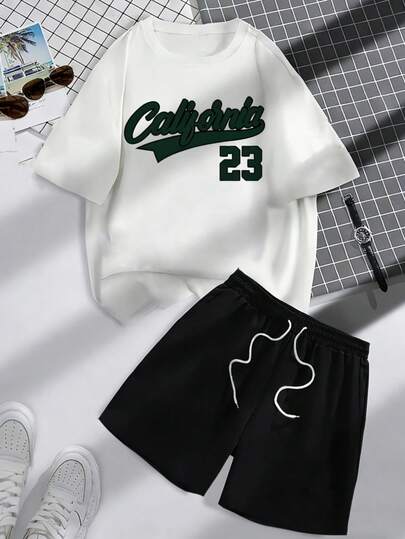 Hombre 002y007 | Envío local en México | 2 piezas | Estilo minimalista y uniforme en color, con un aspecto limpio y luminoso, ideal para el ocio diario, el ejercicio físico y otras ocasiones.Conjunto de camiseta blanca con "California 23" y shorts negros para estilo casual cómodo y deportivo
