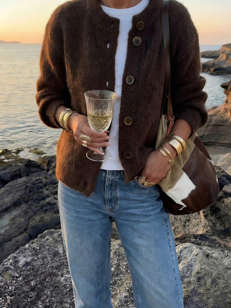 Cardigan casual y elegante de primavera para mujer Just Masa, de cuello redondo, abotonado, de manga larga, de unicolor, holgado, elástico, simple y de moda básico de punto, adecuado para vacaciones, viajes, playa, ir al trabajo, citas y uso diario - Marrón - Ver 1