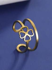 1pc Minimalist Stainless Steel Heart & Clover Adjustable Ring, Fashionable Cute Gift For Girls, Personalized Memento - Simple Series - View 4