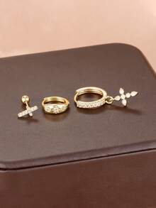 3 pièces Nouveau ensemble de 3 boucles d'oreilles créoles en or 18 carats plaqué avec zircone, style coréen à la mode, boucles d'oreilles percées à la mode pour femmes, bijoux en gros - Lot de 3 pièces - Or - Voir 3
