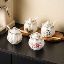 2 件套（1 个罐子 + 1 个勺子）陶瓷调味罐及罐架，适用于家居/客厅/餐厅/厨房的储物罐、食品储物容器、密封罐，可用于存放谷物、蜜饯、糖果、饼干、面包，也适合婚礼、派对、礼品、生日等场合。 - 彩色 - 查看 9