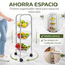 Frutero Organizador de 3 Niveles con Ruedas Canastas Metálicas de Alambre Estructura Cromada Plateada Carrito de Cocina para Frutas y Verduras  855594 - como en la foto - Ver 6