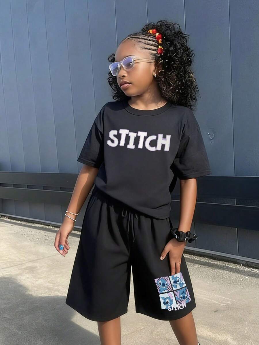 Official Authorization Disney Lilo & Stitch Print Kids Outfit, Girls Cute Cartoon T-Shirt & Shorts Set, Summer Casual Tracksuit For Daily Wear Theme Park Vacation, Children's Clothing Holiday Gift - màu đen - Xem 1