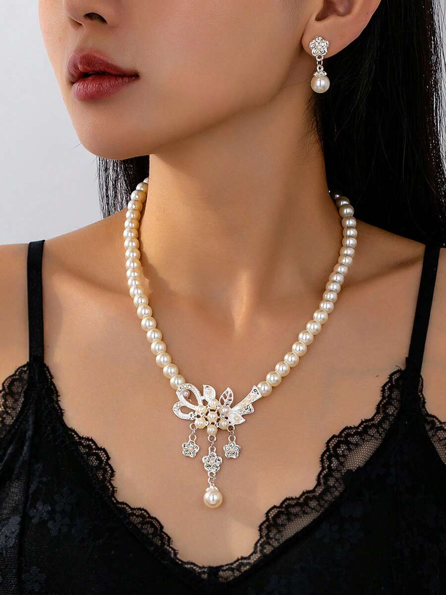 女士奢华花卉流苏玻璃珍珠项链耳环套装，女士婚礼项链耳环三件套，1条Y形珍珠项链，1对珍珠耳钉 - 銀色 - 查看 1