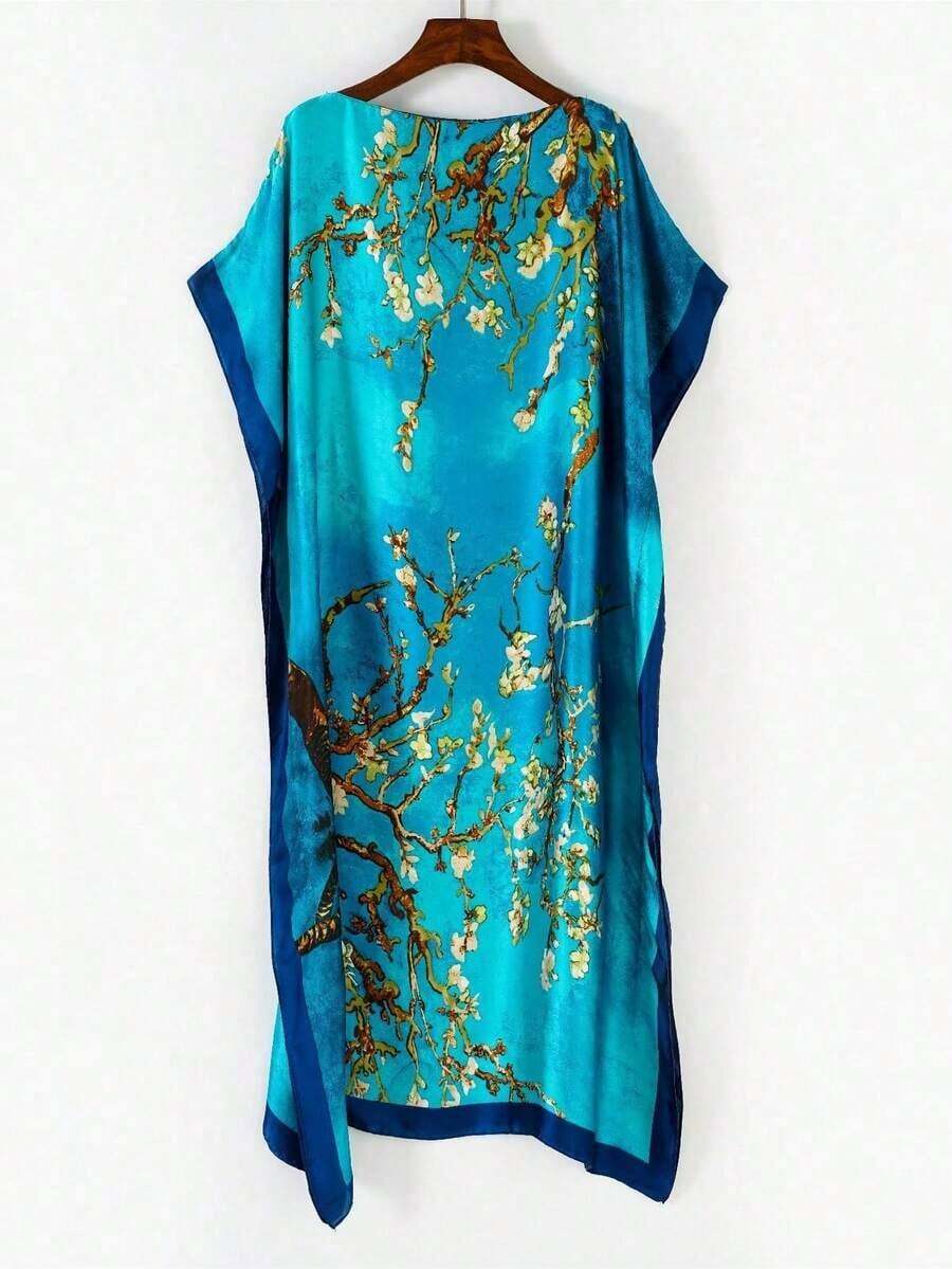 1pc Women's Vintage Elegant Floral Print Faux Silk Long Kaftan Pullover Cover-Up, Casual Beach Sunscreen Shawl Kimono, Summer For Dress Polyester - 綠色 - 查看 1