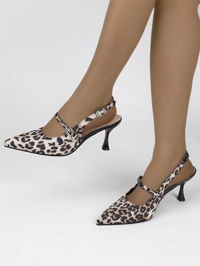 2026新款女士浅棕色豹纹尖头7厘米猫跟鞋，时尚搭扣细高跟鞋，适合工作和派对场合