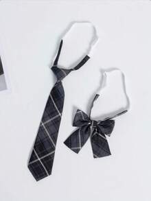 1 Bộ cà vạt và nơ cổ kẻ caro xám xanh cổ điển dành cho học sinh - Nhiều màu - Xem 1