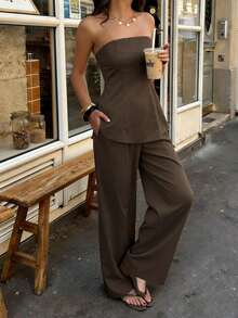 PoPoHouse Women's Two Pieces Set Sexy Backless Strapless Tube Top And Loose Wide-Leg Pants For Summer Business Office Commuting Casual Vacation Going Out Outfit Brown Suit - Khaki - View 4
